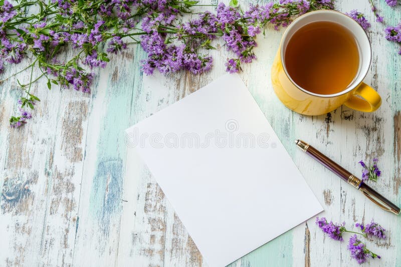 λευκό λευκό λευκό φύλλο χαρτί και άνθη πάνω σε στιβαρό λευκό ξύλινο τραπέζι λευκό λευκό φύλλο χαρτί πάνω σε ένα στιβαρό λευκό ξύλι. ένα λευκό λευκό λευκό λευκό χαρτί βρίσκεται πάνω σε ένα στιβαρό λευκό ξύλινο τραπέζι περιτριγυρισμένο από ευαίσθητα μοβ λουλούδια και ένα φλιτζάνι τσάι. η σκηνή προκαλεί αίσθηση ηρεμίας και έμπνευσης. γενική ai