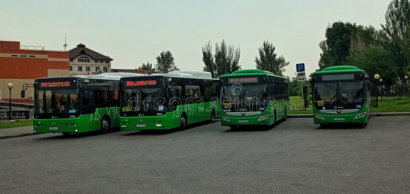Buses standing at the final stop in the Gorny Giant microdistrict. Public transport of Almaty. Spring 2022. Buses standing at the final stop in the Gorny Giant microdistrict. Public transport of Almaty. Spring 2022