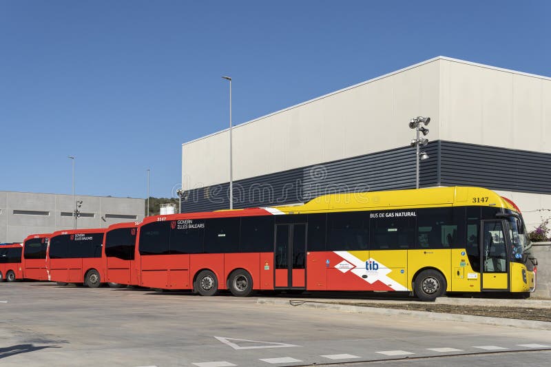 Felanitx, Spain november 05 2023: Buses of the public company TIB, parked in an industrial park in Felanitx, island of Mallorca, Spain. Felanitx, Spain november 05 2023: Buses of the public company TIB, parked in an industrial park in Felanitx, island of Mallorca, Spain