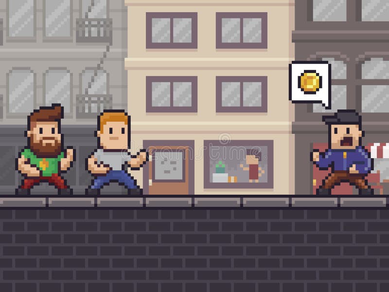 Pixel art scene with two characters ready to fight against bully wanting their money, urban background. Pixel art scene with two characters ready to fight against bully wanting their money, urban background