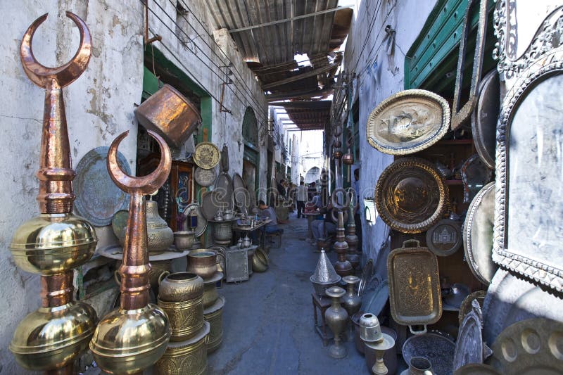 Tripoli, Libya - April 23, 2009:Metallic crafts in the Suq of the old Medina. Tripoli, Libya - April 23, 2009:Metallic crafts in the Suq of the old Medina