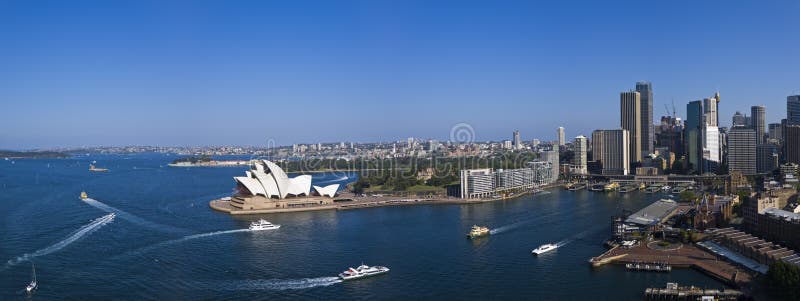 A stock photo of Sydney Harbour as seen from the top of the Southern Pylon in the afternoon. Shows landmarks such as Circular Quay and the Opera House, the Overseas Passenger Terminal and the Sydney skyline including Sydney Tower. Also shown are Sydney Harbour Ferries and Rivercats. A stock photo of Sydney Harbour as seen from the top of the Southern Pylon in the afternoon. Shows landmarks such as Circular Quay and the Opera House, the Overseas Passenger Terminal and the Sydney skyline including Sydney Tower. Also shown are Sydney Harbour Ferries and Rivercats.