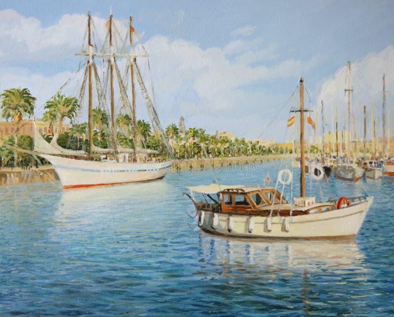 An oil painting on canvas of the old yacht harbor Port Vell in Barcelona, Spain in a bright sunny day with a sail ship, boats and colorful reflections playing over the water surface. An oil painting on canvas of the old yacht harbor Port Vell in Barcelona, Spain in a bright sunny day with a sail ship, boats and colorful reflections playing over the water surface.