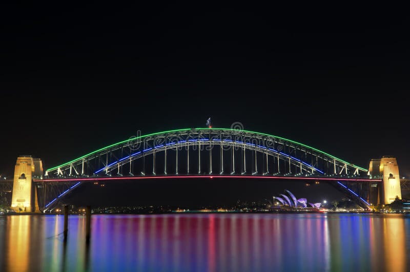 A night time view of the Sydney Harbour Bridge during a light show at the Vivid festival 2015 taken from Mcmahons point North Sydney. A night time view of the Sydney Harbour Bridge during a light show at the Vivid festival 2015 taken from Mcmahons point North Sydney.