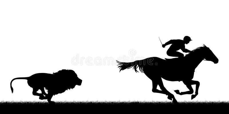 EPS8 editable vector illustration of a male lion chasing a horse and jockey with all figures as separate objects. EPS8 editable vector illustration of a male lion chasing a horse and jockey with all figures as separate objects