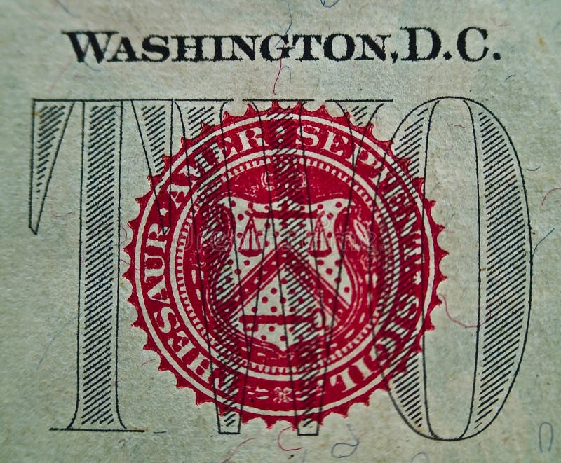 A detail macro of the red seal portion of the U.S. $2.00 bill. A detail macro of the red seal portion of the U.S. $2.00 bill.