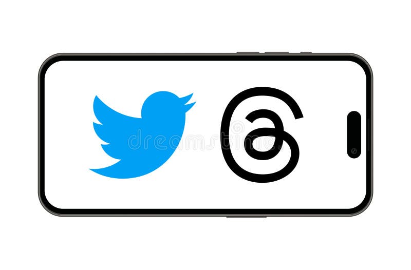 λογότυπα υπηρεσιών twitter και νημάτων κινητής τηλεφωνίας στο έξυπνο τηλέφωνο 14 pro για απεικόνιση λευκού διανύσματος. meta ελεύθερη απεικόνιση δικαιώματος