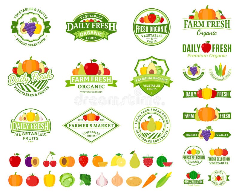 Set of fruit and vegetables logo templates. Fruit and vegetables labels with sample text. Fruits and vegetables icons for groceries, agriculture stores, packaging and advertising. Vector logotype design. Set of fruit and vegetables logo templates. Fruit and vegetables labels with sample text. Fruits and vegetables icons for groceries, agriculture stores, packaging and advertising. Vector logotype design.
