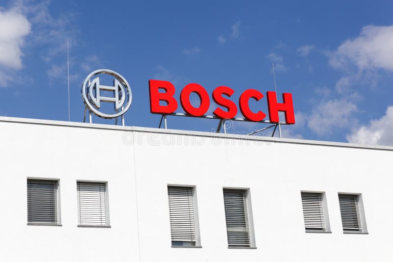 Frechen, Germany - September 2, 2018: Bosch logo on a building. Bosch is a German multinational engineering and electronics company headquartered in Germany. Frechen, Germany - September 2, 2018: Bosch logo on a building. Bosch is a German multinational engineering and electronics company headquartered in Germany