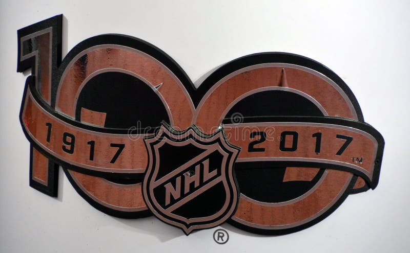 MONTREAL CANADA 11 19 17: Logo of 100 years of the National Hockey League NHL at the Montreal Canadiens events on Nov. 17-19, 2017 where the NHL was founded at the Windsor Hotel in 1917. MONTREAL CANADA 11 19 17: Logo of 100 years of the National Hockey League NHL at the Montreal Canadiens events on Nov. 17-19, 2017 where the NHL was founded at the Windsor Hotel in 1917