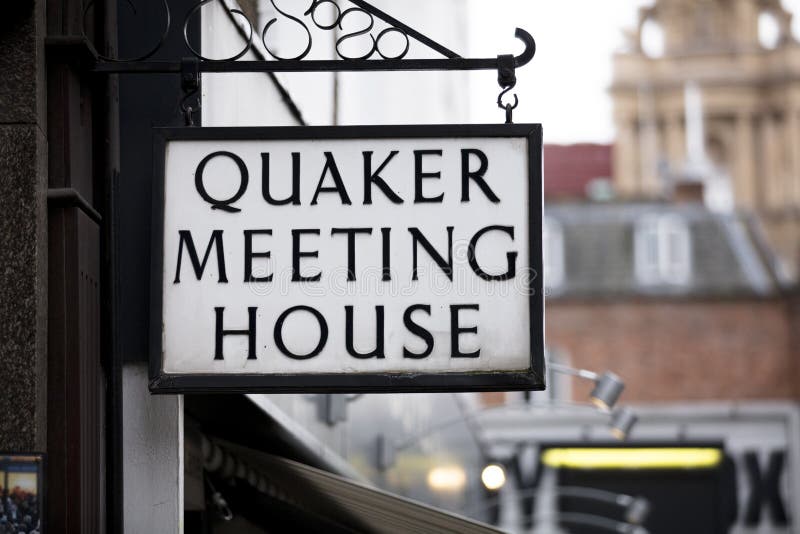 London, United Kingdom, 18th July 2019, sign for a quaker meeting house on St Martins Lane in central london. London, United Kingdom, 18th July 2019, sign for a quaker meeting house on St Martins Lane in central london