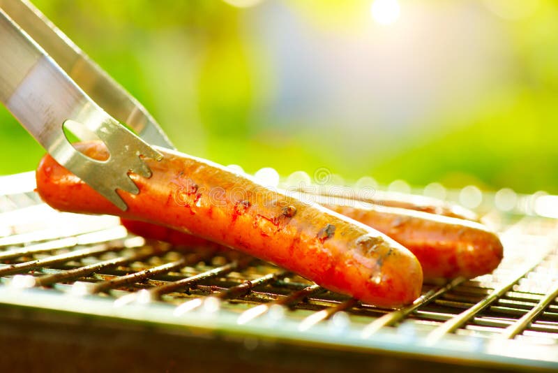 Grilled Sausage on the flaming Grill. Barbecue outdoors. BBQ. Grilled Sausage on the flaming Grill. Barbecue outdoors. BBQ