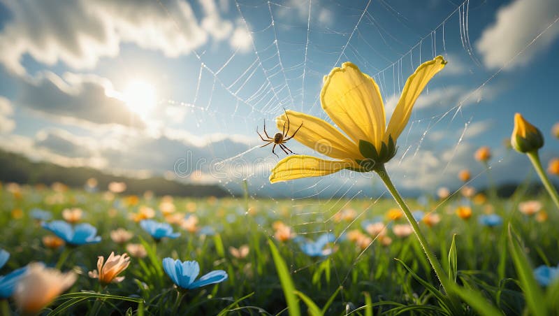 Λουλούδι Χρυσού Σύμπαντος με Spiderweb και Ανατολή του Ήλιου ελεύθερη απεικόνιση δικαιώματος