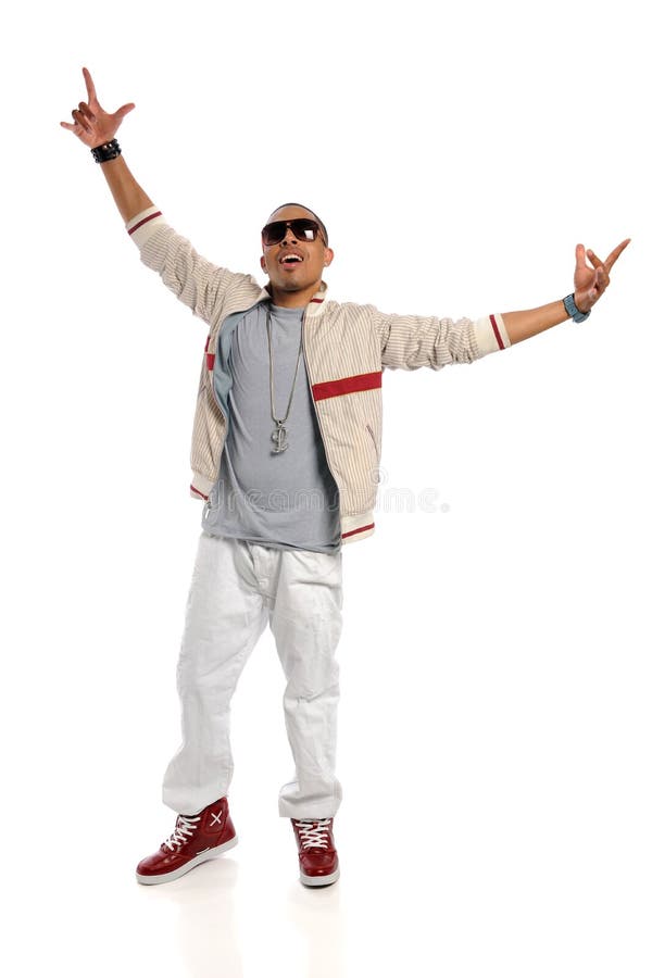 African American hip hop dancer performing isolated over white background. African American hip hop dancer performing isolated over white background