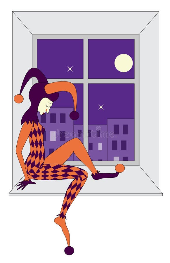 sad female harlequin sleeping on windowsill. urban landscape behind and a full moon. sad female harlequin sleeping on windowsill. urban landscape behind and a full moon