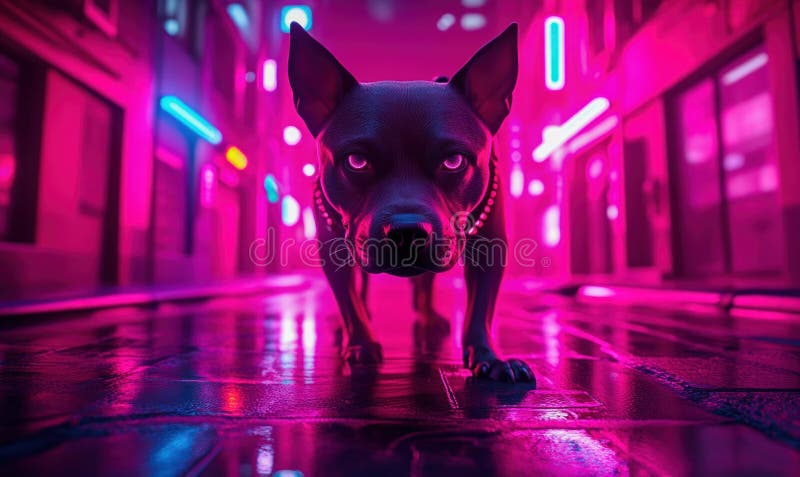 Λυσσασμένος σκύλος στο Cyberpunk Neon City τη νύχτα απεικόνιση αποθεμάτων