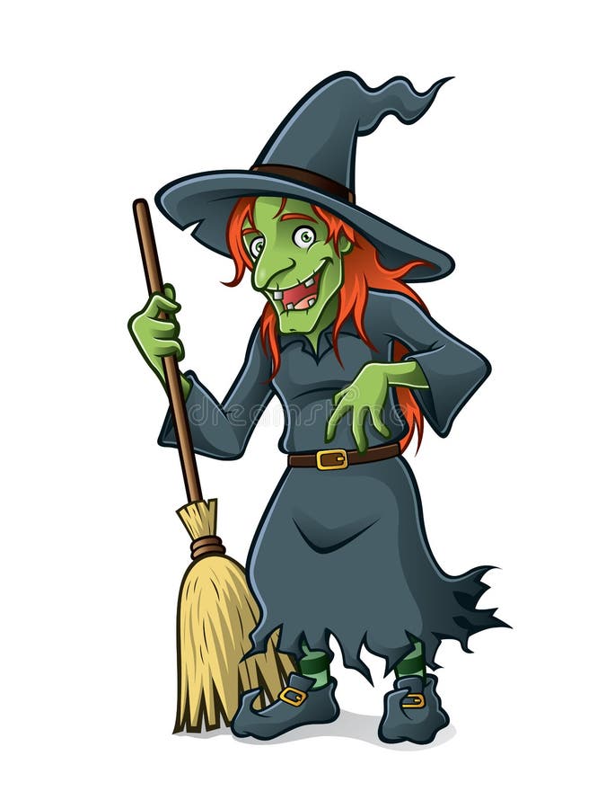 Old witch are standing holding the broomstick and friendly smile. Old witch are standing holding the broomstick and friendly smile