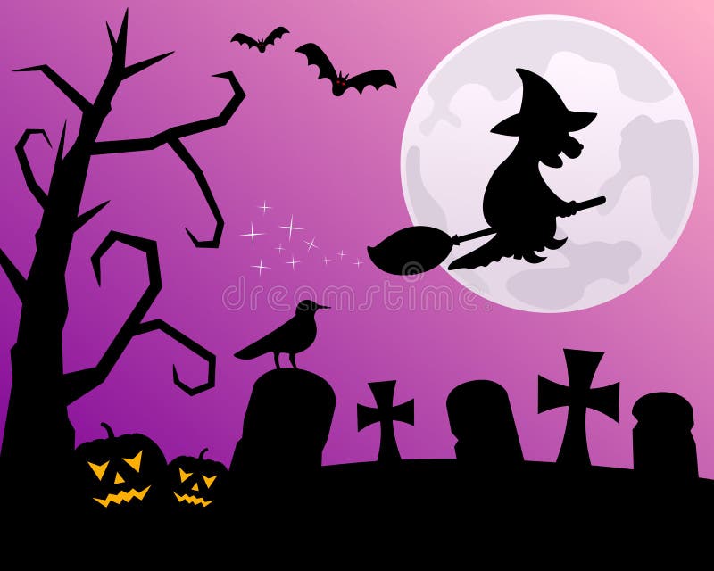 Halloween night scene with the moon and the silhouette of a witch flying over a spooky graveyard. Eps file available. Halloween night scene with the moon and the silhouette of a witch flying over a spooky graveyard. Eps file available.