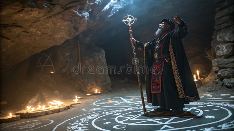 Μάγος φαντασίας που ρίχνει ορθογραφικά σημάδια φλογερισμού αρχαίοι κύκλοι Απόθεμα φωτογραφικής γεννητικής τεχνητής τεχνητής νοημοσ διανυσματική απεικόνιση