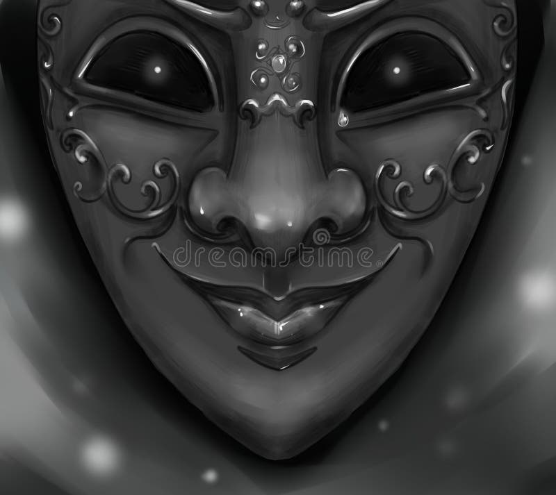 Horror version of a harlequin carnimal mask with symmetric features and shining eyes. Also some magic lights on the background. Digital art. Horror version of a harlequin carnimal mask with symmetric features and shining eyes. Also some magic lights on the background. Digital art.