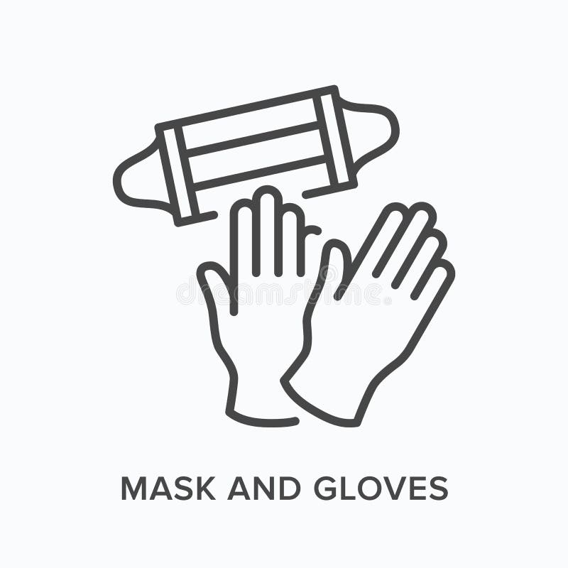 Face mask and gloves flat line icon. Vector outline illustration of coronavirus PPE. Medical safety wear thin linear pictogram. Face mask and gloves flat line icon. Vector outline illustration of coronavirus PPE. Medical safety wear thin linear pictogram.