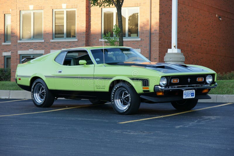 Sanair august 8, 2015 front side view of 1971 ford mustang boss 351 grabber lime at 20e super ford show. Sanair august 8, 2015 front side view of 1971 ford mustang boss 351 grabber lime at 20e super ford show.