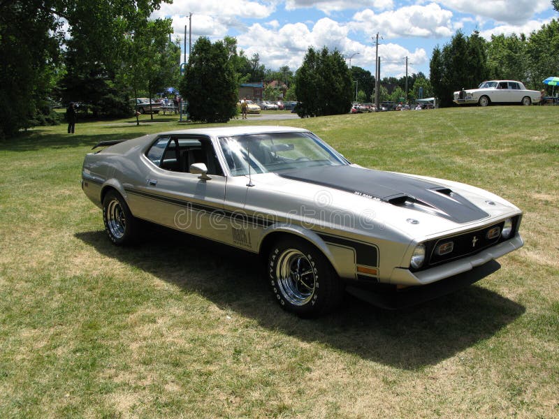 Sanair august 8, 2015 picture of 1971 ford mustang mach1 sitting on the grass during car show at 20e super ford show. Sanair august 8, 2015 picture of 1971 ford mustang mach1 sitting on the grass during car show at 20e super ford show.