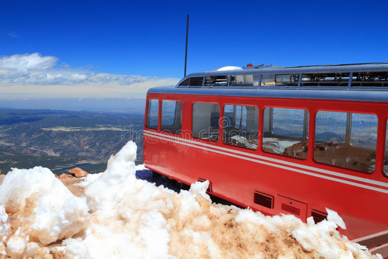 View of Pikes Peak and Manitou Springs Train on the top of Pikes Peak Mountain, Colorado, USA. View of Pikes Peak and Manitou Springs Train on the top of Pikes Peak Mountain, Colorado, USA