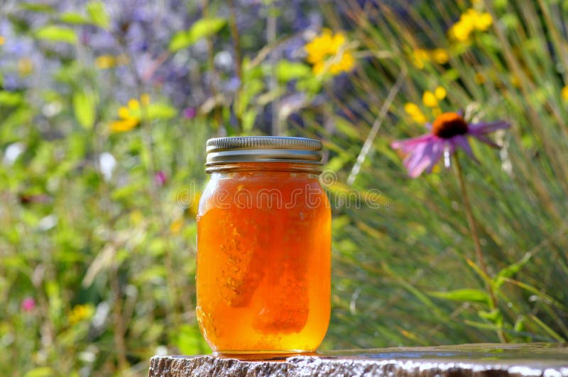 A full closed glass of honey in front of flower background outdoors. A full closed glass of honey in front of flower background outdoors.