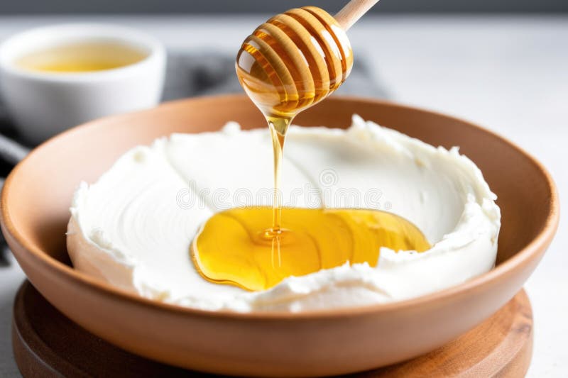 μέλι που ψιθυρίζει πάνω από το ελληνικό γιαούρτι σε ένα μπολ στοκ φωτογραφία με δικαίωμα ελεύθερης χρήσης