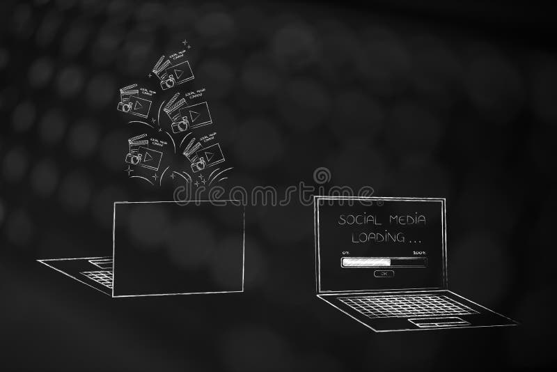 Μέτωπο lap-top και πίσω με τα ψηφιακά ικανοποιημένα εικονίδια που σκάουν από του και μηνυμάτων το κοινωνικό MEDIA που φορτώνει στ διανυσματική απεικόνιση Μέτωπο lap-top και πίσω με τα ψηφιακά ικανοποιημένα εικονίδια που σκάουν από του και μηνυμάτων το κοινωνικό MEDIA που φορτώνει στ διανυσματική απεικόνιση
