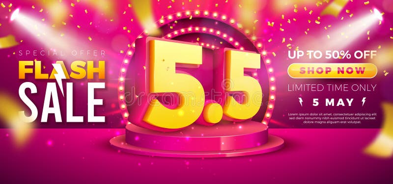 5 Μαΐου Αγορά Σχεδιασμός Flash Sale Day με 3d 55 Number Light Billboard και Stage Podium σε κόκκινο φόντο. Διάνυσμα απεικόνιση αποθεμάτων