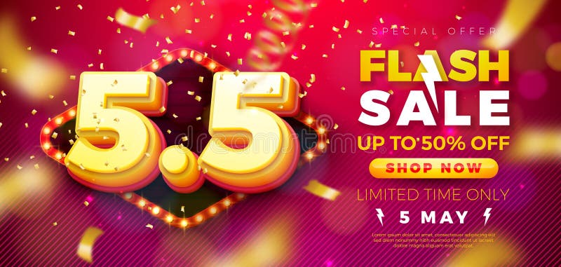5 Μαΐου Αγορά Σχεδιασμός Flash Sale Day με 3d φωτεινή λυχνία 55 αριθμών και Fall Confetti σε κόκκινο φόντο απεικόνιση αποθεμάτων