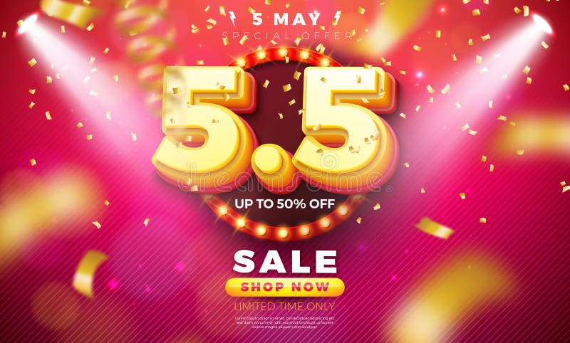 5 Μαΐου Αγορά Σχεδιασμός Flash Sale Day με 3d φωτεινή λυχνία 55 αριθμών και Fall Confetti σε κόκκινο φόντο ελεύθερη απεικόνιση δικαιώματος