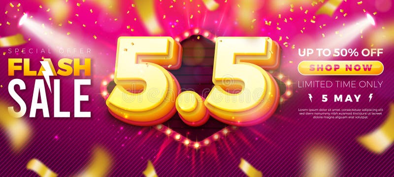 5 Μαΐου Αγορά Σχεδιασμός Flash Sale Day με 3d φωτεινή λυχνία 55 αριθμών και Fall Confetti σε κόκκινο φόντο διανυσματική απεικόνιση
