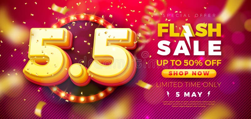 5 Μαΐου Αγορά Σχεδιασμός Flash Sale Day με 3d φωτεινή λυχνία 55 αριθμών και Fall Confetti σε κόκκινο φόντο διανυσματική απεικόνιση