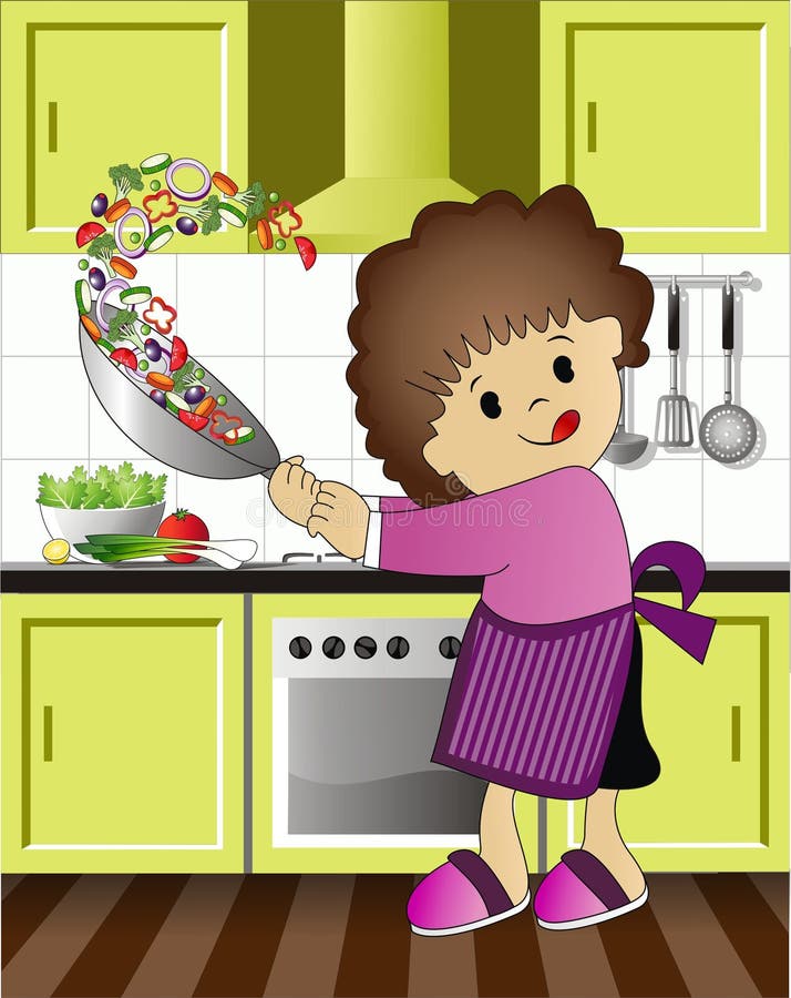 Happy girl child enjoys cooking in the kitchen. Happy girl child enjoys cooking in the kitchen