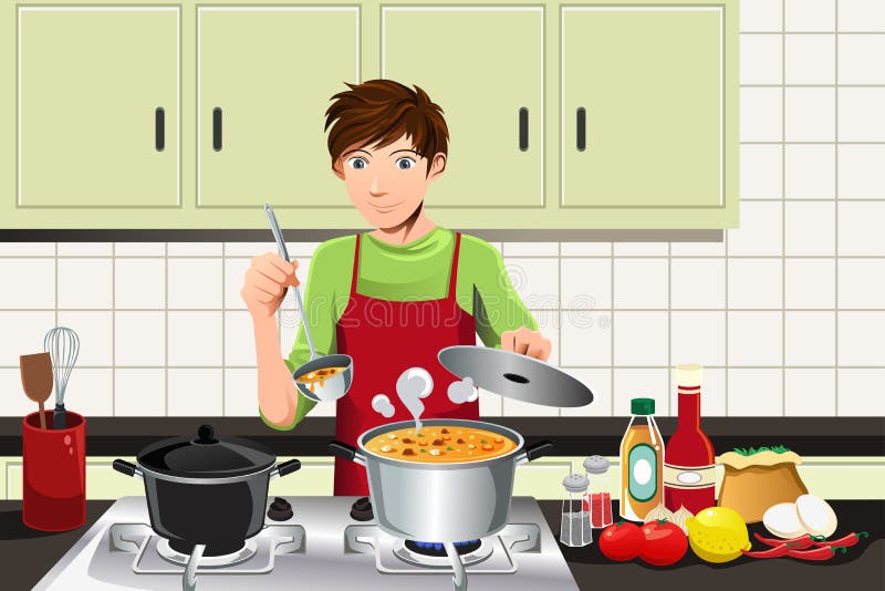 A vector illustration of a young man cooking in the kitchen. A vector illustration of a young man cooking in the kitchen