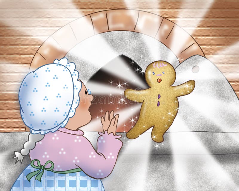 An elderly amusing woman is cooking a magic Gingerbread boy in her wood-burning oven. Digital illustration for the Gingerbread boy fairy tale. An elderly amusing woman is cooking a magic Gingerbread boy in her wood-burning oven. Digital illustration for the Gingerbread boy fairy tale.