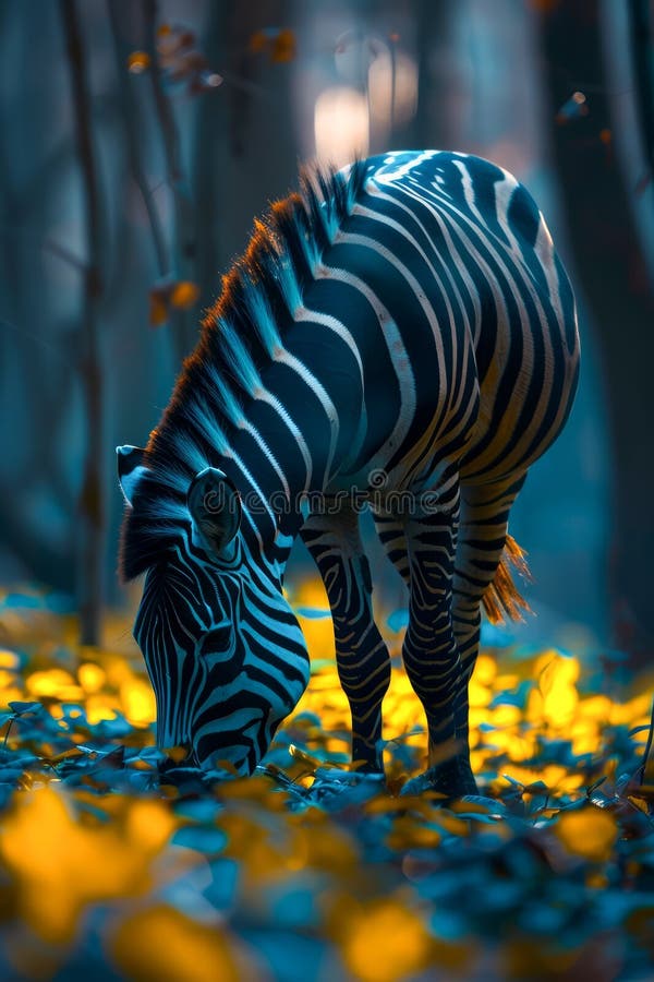 μαγευτική lone zebra graation μεταξύ των χρυσών φθινοπωρινών φύλλων σε γαλάζιο δασικό περιβάλλον διανυσματική απεικόνιση
