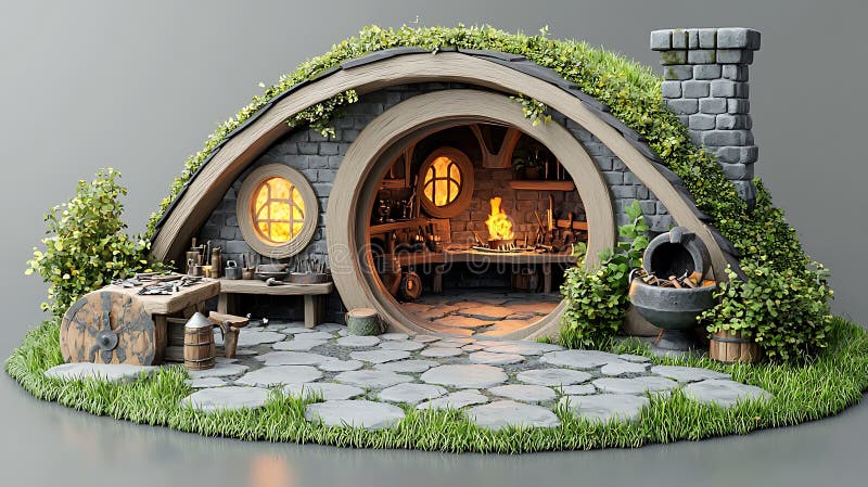 Μαγευτική απόδοση στυλ HobbitSmithy 3D ενός εργαστηρίου Cozy Stone διανυσματική απεικόνιση