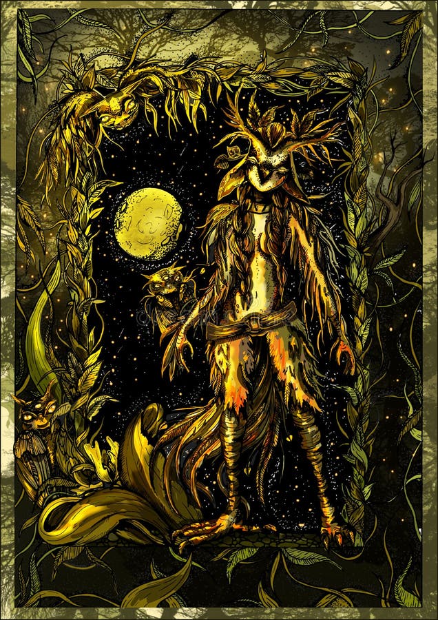 Magic owl with fluffy large ears and tail, with feathers and leaves on body, long thick braids and powerful clawed paws, with small owl on hand, in night forest in surrounded by vegetation and birds. Magic owl with fluffy large ears and tail, with feathers and leaves on body, long thick braids and powerful clawed paws, with small owl on hand, in night forest in surrounded by vegetation and birds