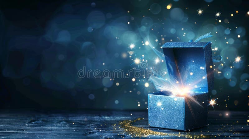 Magic light shines from open blue gift box. Magic light shines from open blue gift box.