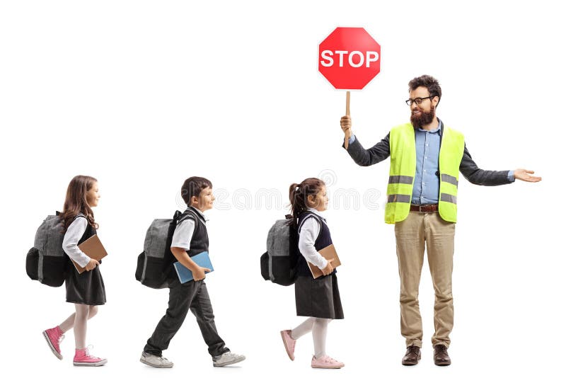 Μαθητές που περπατούν σε μια γραμμή και έναν δάσκαλο με μια ασφάλεια ves στοκ εικόνα