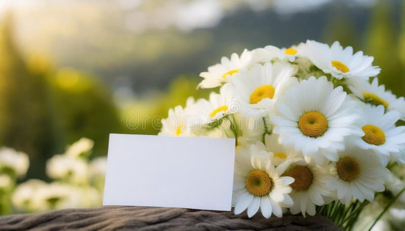 μακέτα λευκή λευκή χάρτινη κάρτα και όμορφα χαμομήλι λουλούδια για ευχές διακοπών. ανοιξιάτικη ανθοδέσμη απεικόνιση αποθεμάτων
