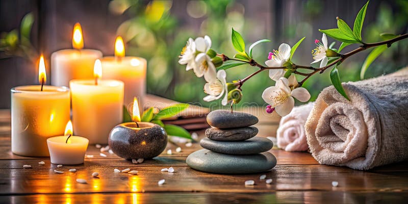 Μακροεντολή Serene Spa που καταγράφει τις λεπτομέρειες των κεριών και των λουλουδιών για μια πολυτελή εμπειρία ευεξίας διανυσματική απεικόνιση
