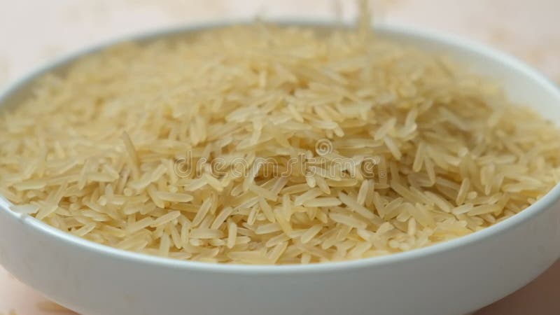 μακρόσπερμο επεξεργασμένο ρύζι basmati που ρέει αργά σε κίνηση απόθεμα βίντεο