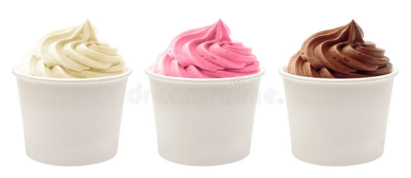 Vanilla, strawberry and chocolate soft ice cream or frozen yogurt in takeaway cups on white background. Vanilla, strawberry and chocolate soft ice cream or frozen yogurt in takeaway cups on white background