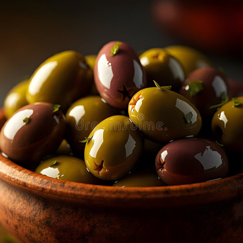 Μαριναρισμένες πράσινες και μαύρες ελιές σε στιλβωμένο πηλό με φρέσκα βότανα, μουχλιασμένη γαστρονομία Μεσογειακό ορεκτικό ελεύθερη απεικόνιση δικαιώματος