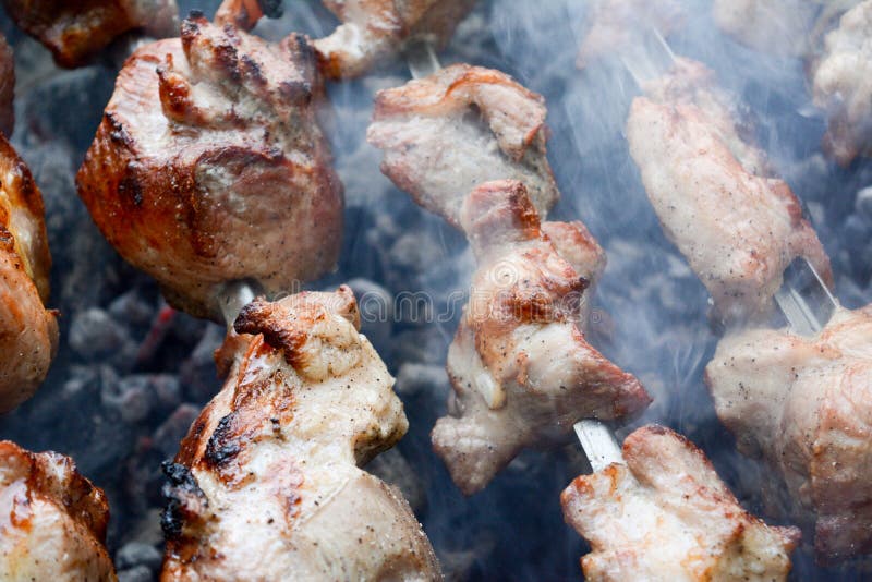 Μαριναρισμένο shashlik να προετοιμαστεί σε μια σχάρα σχαρών πέρα από τον ξυλάνθρακα στοκ φωτογραφίες με δικαίωμα ελεύθερης χρήσης Μαριναρισμένο shashlik να προετοιμαστεί σε μια σχάρα σχαρών πέρα από τον ξυλάνθρακα στοκ φωτογραφίες με δικαίωμα ελεύθερης χρήσης
